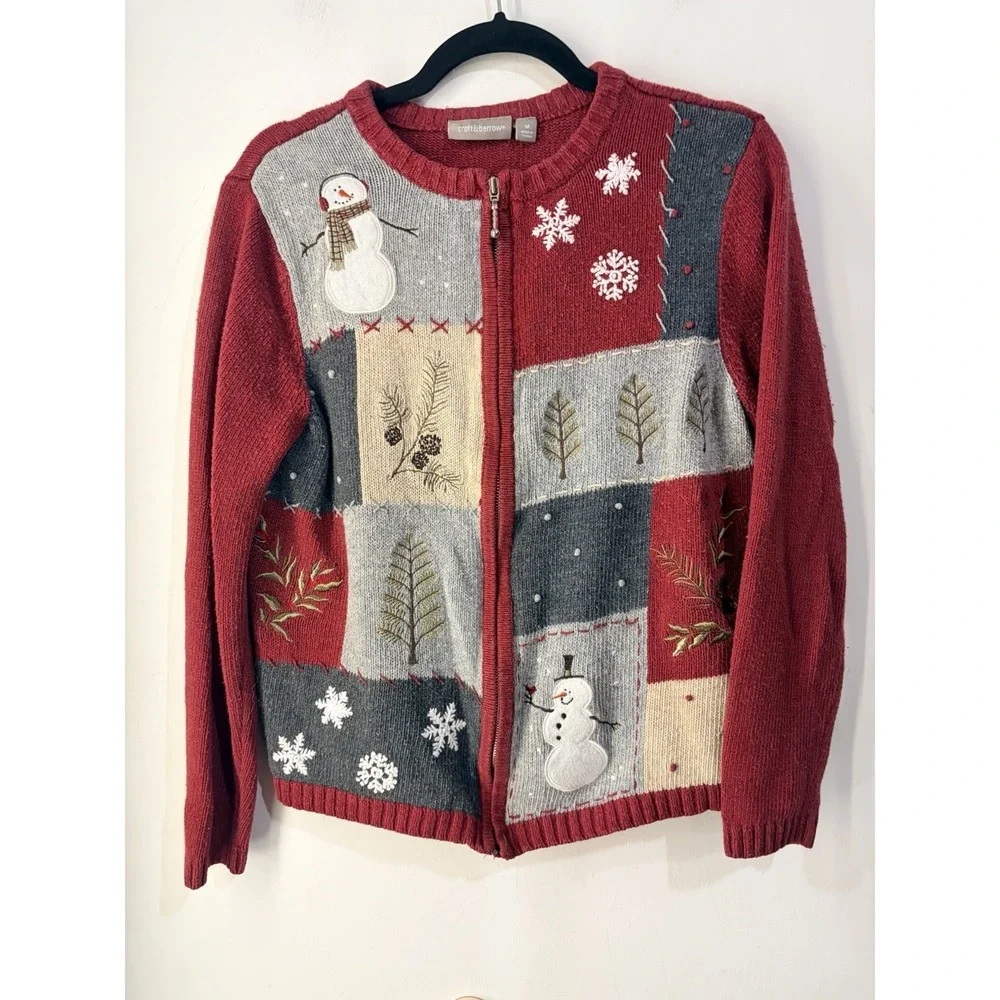Vintage Croft & Barrow Snowman Christmas Cardigan Zip Sweater Ramie Silk Medium